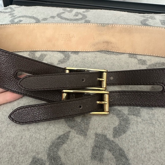RARE Vintage Furla Double Buckle Brown Leather Belt With Gold Buckle Size Large - Picture 2 of 4